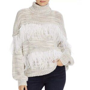 Cinq a Sept Valentina Feather Trimmed Turtleneck Sweater Gray & Cream Size Large